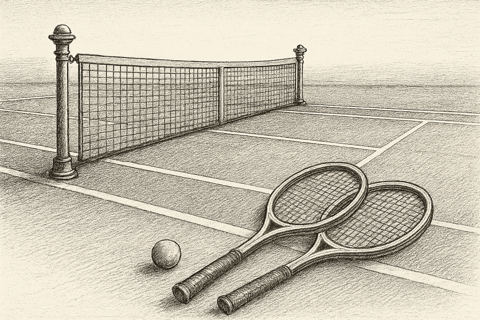 Tennis court with rackets